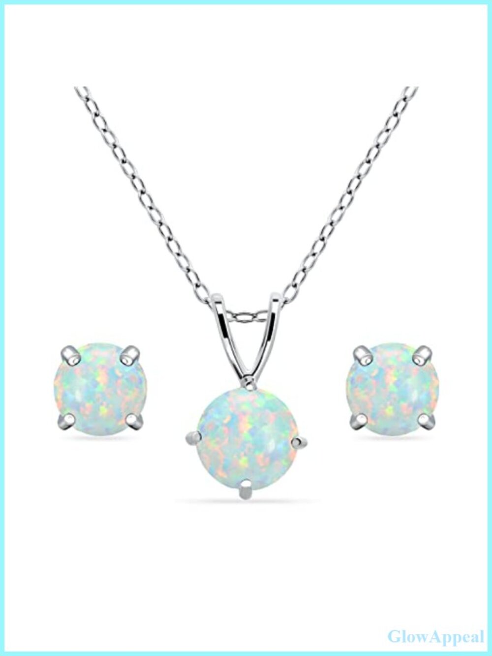 Sterling Silver Created Opal Round Solitaire Necklace & Stud Earrings Set